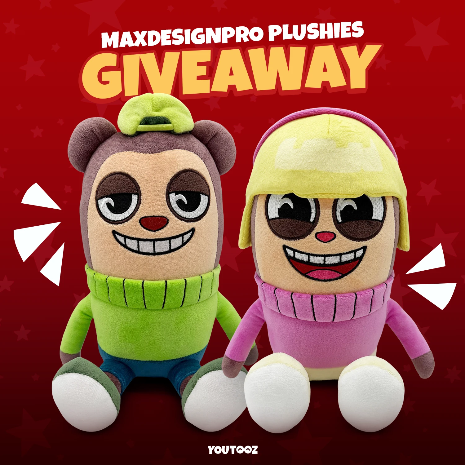 Two MaxDesignPro plushies by Youtooz: a bear-eared guy in a green sweater and cap, and a girl in a pink sweater and yellow helmet